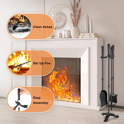 Gtongoko Fireplace Tools Set 4 Pcs 30 Inch Black Wrought Iron Large Fire Tool Set for Outdoor/Indoor Include Chimney Poker, Antique Shovel, Rustic Brush and Stand Accessories Set