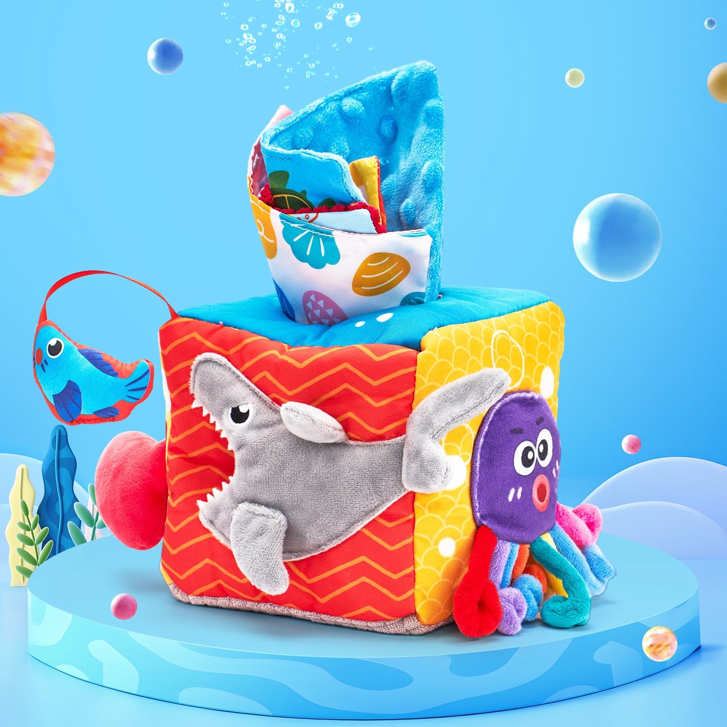 hahaland Baby Tissue Box Toy - Baby Toys 6-12 Months Montessori Toys for 6 Month Old with Textured Tails, Crinkle Tissues, Squeaky, Mirror, Play Silks Sensoy Scarves Baby Gifts 9 Month Old Travel Toys