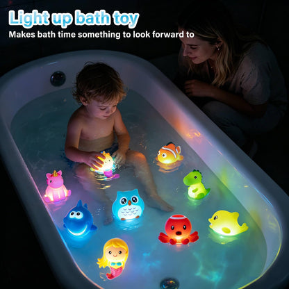 Bath Toys for Toddlers Baby 8 Pack Light Up Toys - Bathtub Toy Flashing Colourful LED Light Shower Bathtime for Kids Infants Shark, Clown Fish, Owl, Unicorn, Octopus, Dolphin, Dinosaur Mermaid