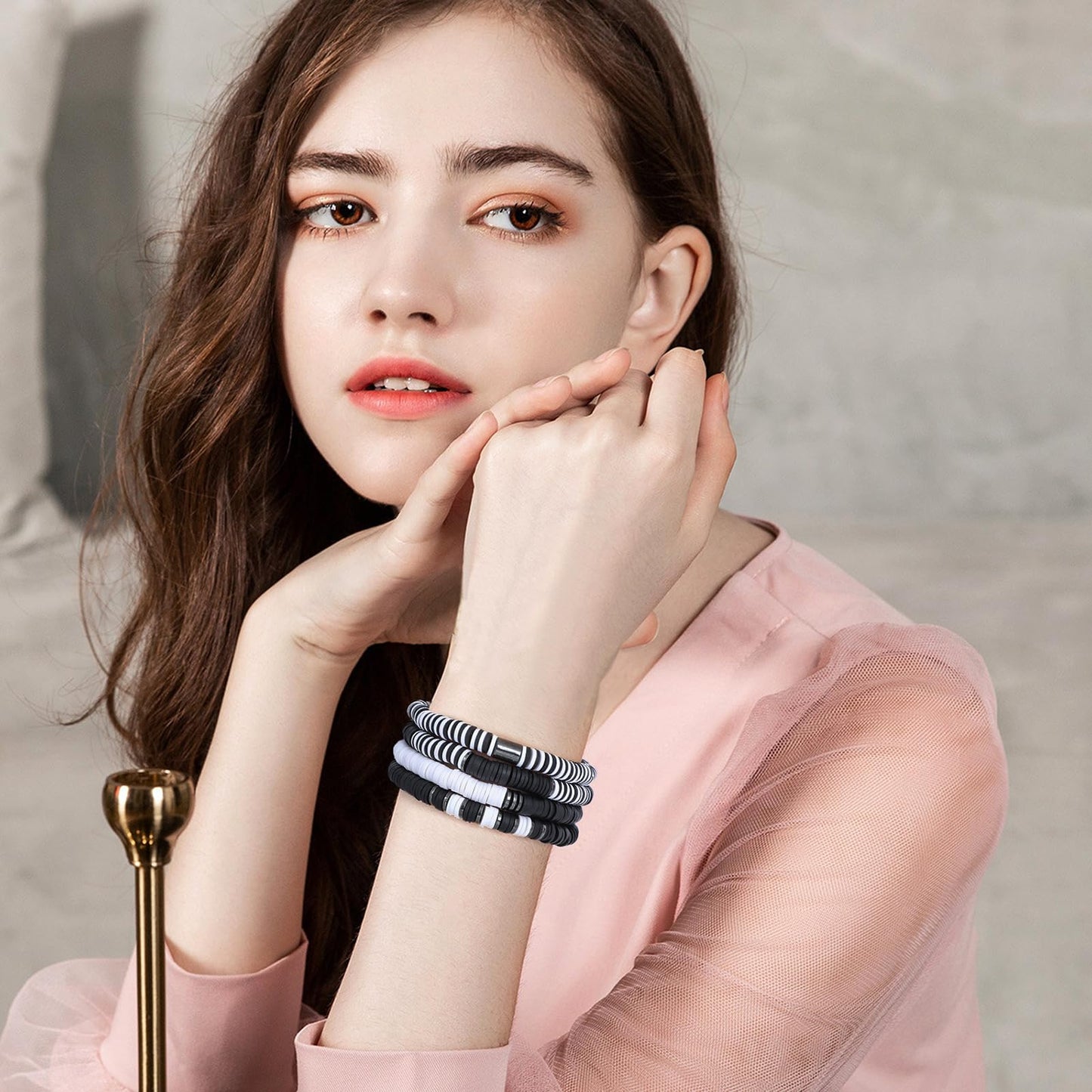 GOOJIDS Black Surfer Heishi Clay Bead Bracelets for Women Bohemian Stackable Gold Beaded Stretch Bracelets Elastic Layering Friendship Bracelets Set Boho Jewelry