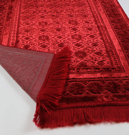 Modefa Velvet Prayer Rug - Soft Plush Turkish Janamaz Sajada Carpet for Men and Women - Plain Solid Prayer Mat Ramadan Eid Gift - with Prayer Beads - Luxury Floral Stamp (Red)