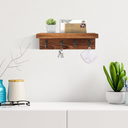 HRONRAD Rustic Key Holder for Wall, Farmhouse Wall Shelf with 4 Hooks, Wall Mounted Key Racks, Wooden Mail Organizer with Hooks for Entryway (Brown - Pine)