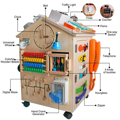 SHIERDU Montessori Wooden Busy House Basic Life Skills and fine Motor Training for Children, pre-School Education and Learning Busy Board, Sensory Game Toys, Large Gifts for Boys and Girls