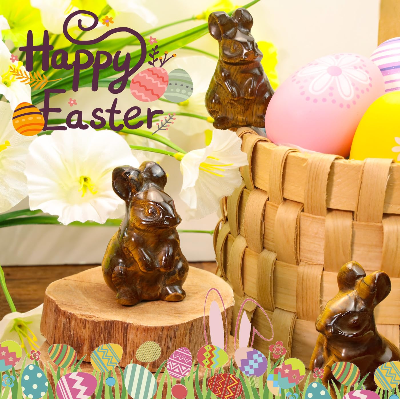 DUQGUHO Tiger Eye Bunny Decor Crystals Rabbit Statue Pocket Polished Natural Gemstone Crystals Figurines for Easter Decoration Office Room Desk Decor 1.5’’ Gifts for Women 1PC