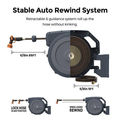 Giraffe Tools Retractable Garden Hose Reel, 5/8" x 90 ft Pro Wall Mounted Hose Reels with 180° Metal Bracket, Any Length Lock Hose Reel with 9- Function Sprayer Nozzle
