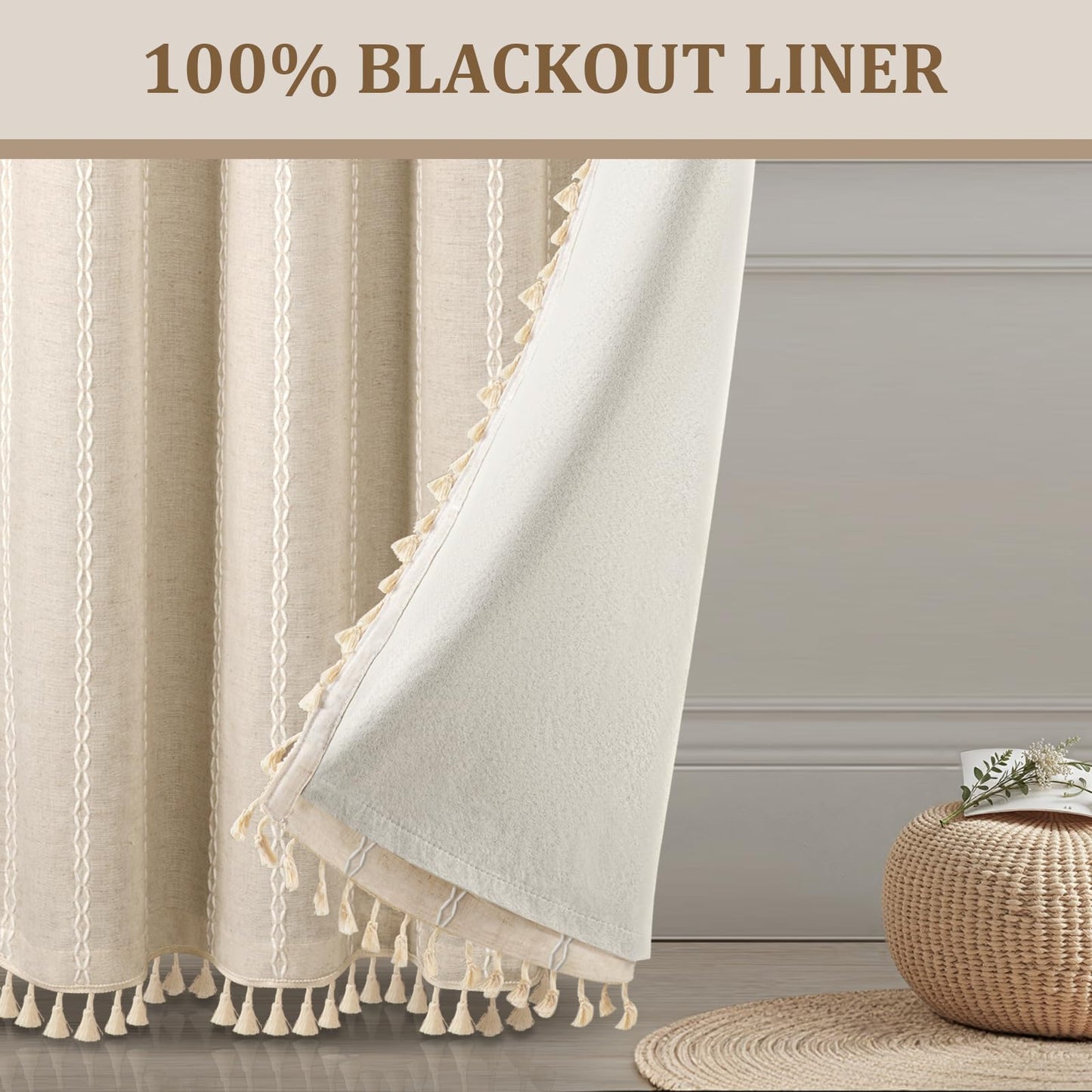 XOGUIBO Boho Blackout Curtains 2 Panels 84 Inch for Living Room Bedroom, Beige Linen Texture Farmhouse Curtains with Tassels and Cotton Embroidery Vintage Rustic Western Rod Pocket