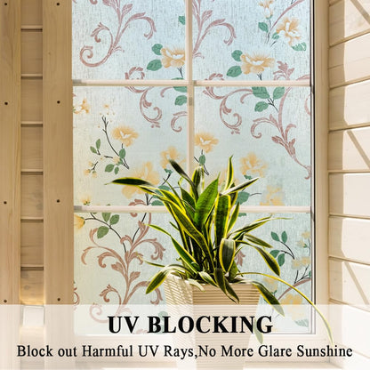 No Glue Window Films Elegant Flower Static Cling Glass Door Film Frosted Privacy Etched Tints Covers Decal,Anti-UV,Heat Control for Home and Office Decoration,17.5x78.7In.