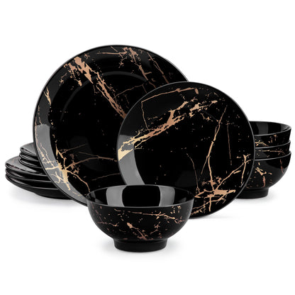 LOVECASA Plates and Bowls Sets for 4, 12 Pieces Porcelain Dinnerware Sets, Black and Gold Dish Set Gold Splash Dishware Sets, Dishwasher Microwave Safe