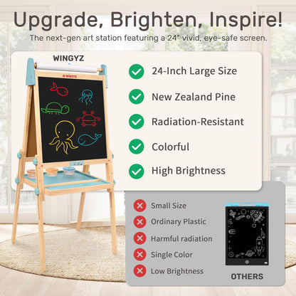 WINGYZ 24" LCD Easel for Kids, 3-in-1 Color Drawing Tablet with Blue Light-Free Screen, Whiteboard & Paper Roll, Adjustable Wooden Art Station for Ages 3-12, Mess-Free Creative Gift for Home & School