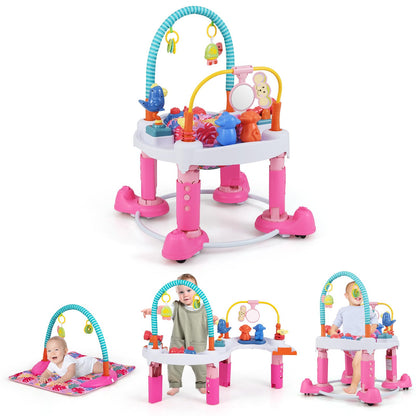 INFANS Baby Bouncer Activity Center, 5 in 1 Toddler Bouncing Activity Saucer Playtime Mat Activity Table with 360°Rotating Seat, 3 Adjustable Height, Foldable Exersaucer Learning Walker (Pink)
