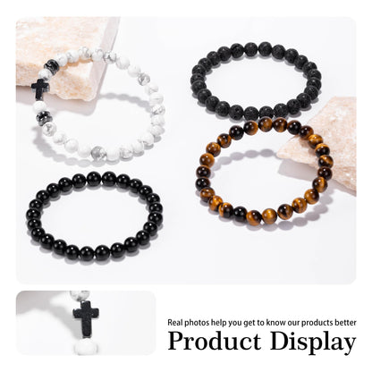 Crystery Men Beaded Bracelets, 8mm Natural Stone Bracelet, Healing Crystal, Jewelry Gifts for men, Triple Protection, Howlite, Tiger Eye, Black Obsidian Beads Bracelets, Lava Rock, Pack of 4