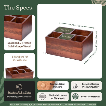 Brick Brown Premium Handcrafted Wooden Spoon stand for kitchen | cutlery holder for dining table | wooden caddy storage organiser stand with 5 section Mahogany Finish(8.75x6x4.5 inch)