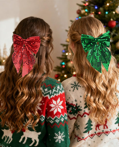 Wecoe 2pcs Christmas Hair Bows Clips - Sparkly Hair Barrettes & Holiday Disco Hair Accessories for Women & Girls