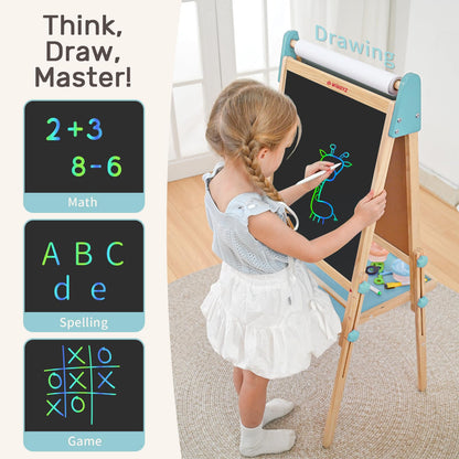 WINGYZ 24" LCD Easel for Kids, 3-in-1 Color Drawing Tablet with Blue Light-Free Screen, Whiteboard & Paper Roll, Adjustable Wooden Art Station for Ages 3-12, Mess-Free Creative Gift for Home & School