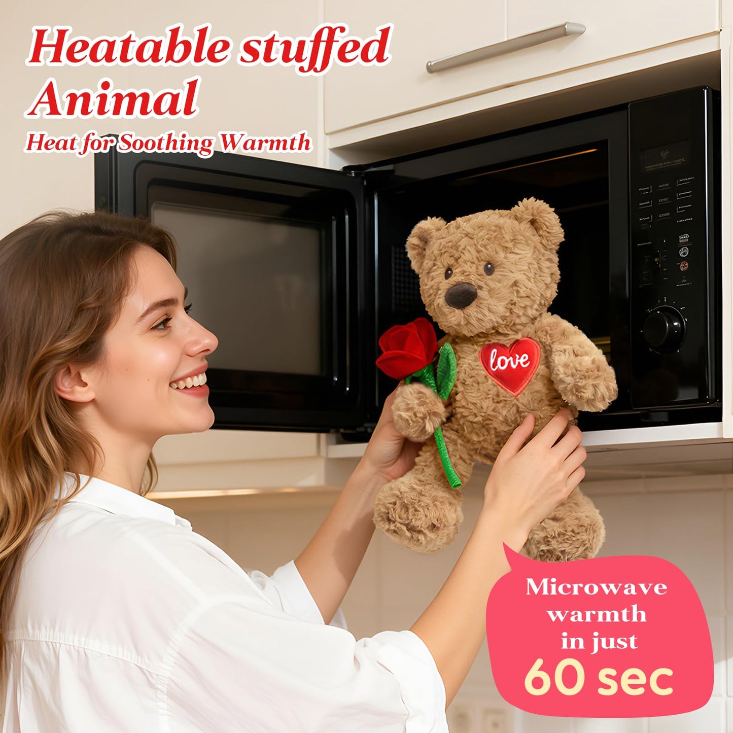 Cuckool Teddy Bear Stuffed Animal with Rose and Love Heart, Microwavable & Weighted Stuffed Animal Plush Gift Valentines Day Christmas Mother's Day for Her Women Girlfriend Wife 15"