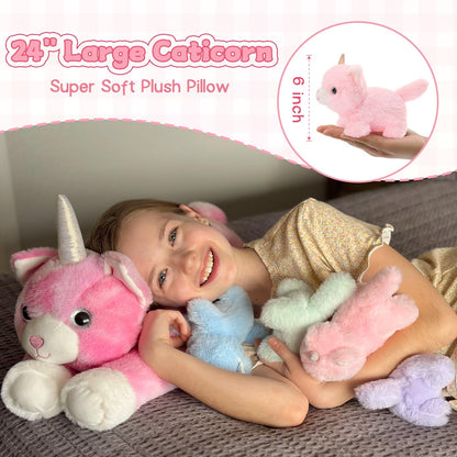 MorisMos Unicorn Cat Stuffed Animal With Kitten Babies, 24'' Caticorns, Rainbow Unicorn Cat Toys for Girl Boy Kids, Mommy Plush Cat With Baby Kitten Stuffed Animals, Kitty Cat Pillow