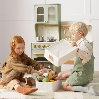 Tiny Land Wooden Play Kitchen for Kids – Enhanced Storage with Cabinets & Bins, Modern Toddler Kitchen Playset with Stove, Sink & Accessories