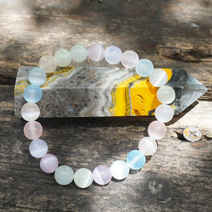 TaHLga 8mm Macaron Selenite Bracelet - Multi-Color Natural Crown Chakra Crystal | Handmade Sweet Color Meditation Bracelet with Cat-Eye Effect | Beading Tool Kit - Adjust to 6.5-7.5 inches Wrist Size