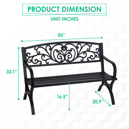 FDW Outdoor 50 Inches Garden Bench, Slatted Seat Armrests Floral Design Backres and Arch Legs, Perfect for Park, Yard, Porch, Lawn, Balcony, Backyard, Black