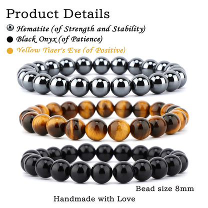 NCB 3-Piece 8mm Natural Crystal Gemstone Stretch Bracelets – ﻿Black Onyx, Hematite, Yellow Tiger's Eye Handmade Reiki Energy Healing Jewelry for Meditation,Yoga, Unisex