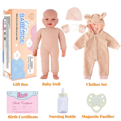 BABESIDE 15-Inch Baby Doll with Feeding Set, Lightweight First Baby Doll for Kids 3+, Realistic Baby Girl with Soft Cuddly Body for Easy Holding and Pretend Play