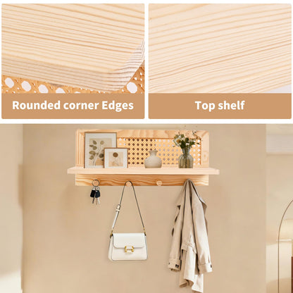 ZELURA Rattan Wall Shelf with Hooks, Boho Entryway Organizer, Floating Storage