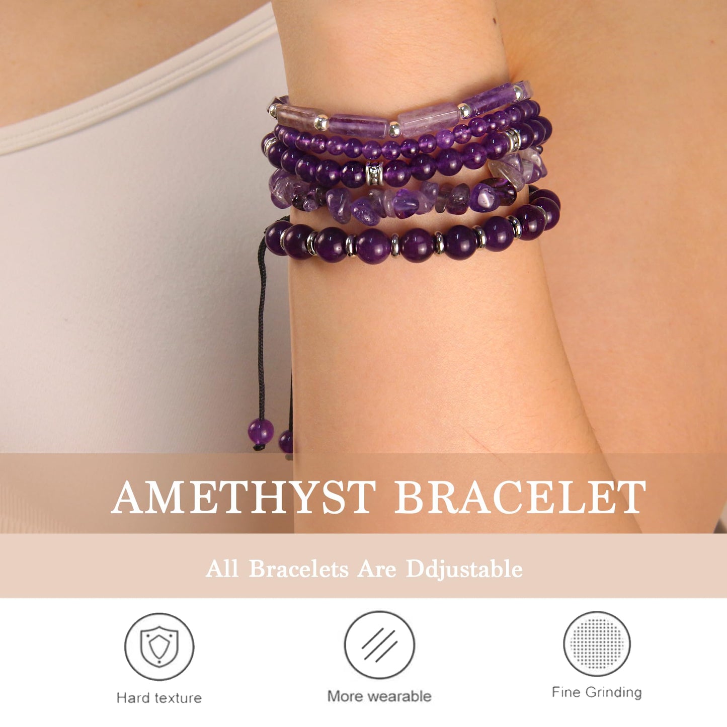 OXUNGALIZ 5Pcs Amethyst Bracelet for Women, Handmade Adjustable Purple Bracelet Amethyst Beads Beaded Bracelet Set Jewelry Gifts for Women