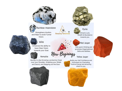 Amazing Gemstone Crystals for New Beginnings Manifestation, Set of 6 Rainbow Moonstone, Iolite, Red Jasper, Hematite, Yellow Jasper and Pyrite Healing Crystals and Stones