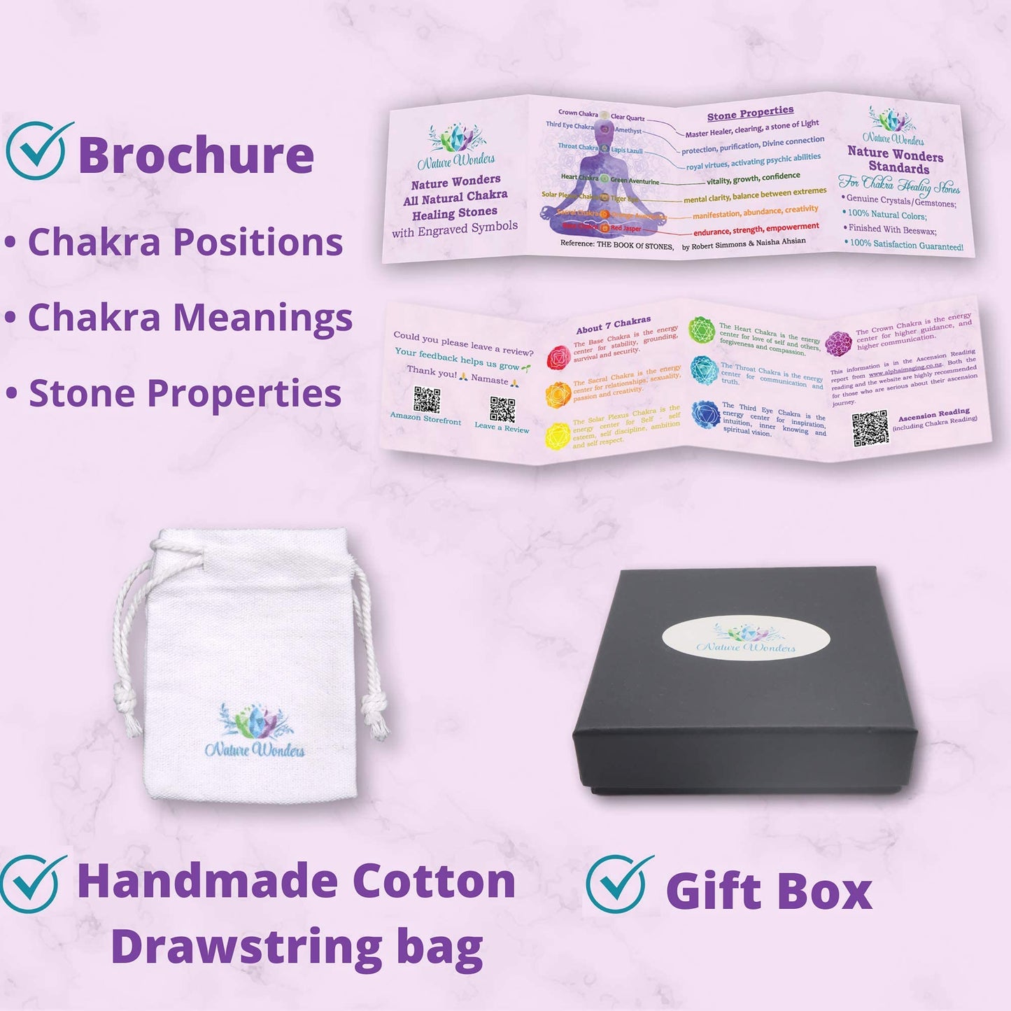 Uorbeay NatureWonders All Natural 7 Chakra Stone Set (Pyramid) with Engraved Symbols (Gift Box, Information Brochure & Pouch) - Healing Crystals, Balancing, Tumbled Palm Stone, Touchstone, Meditation