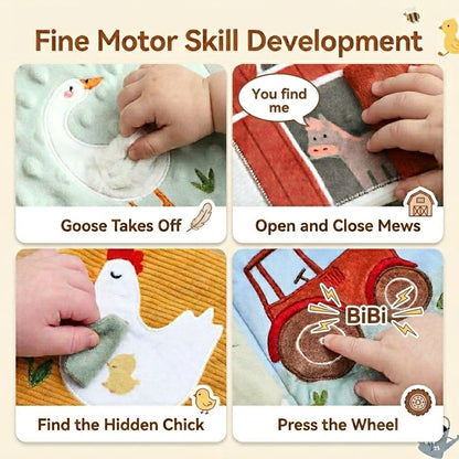 let's make Interactive Soft Baby Book for Babies 0-12 Months, Farm Story Sensory Cloth Book with Teether & Mirror, Newborn Tummy Time Activity Toy, Crinkle Stroller Toy for Infants