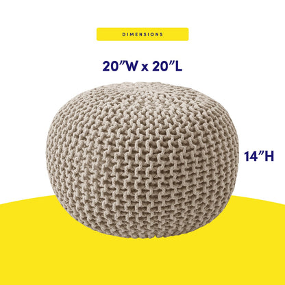 Pouf Ottoman Foot Rest Stuffed – 20” Diameter x 14” Tall Cozy Floor Pouf for Living Room, Bedroom, Nursery & More – 100% Cotton Knit Shell, EPS Bead Filled Footrest & Accent Chair, Beige