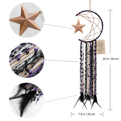 Dremisland Moon Dream Catcher Handmade Half Circle Moon Design Dream Catcher Feather Hanging with Star Home Decoration Ornament Festival Gift (Purple)