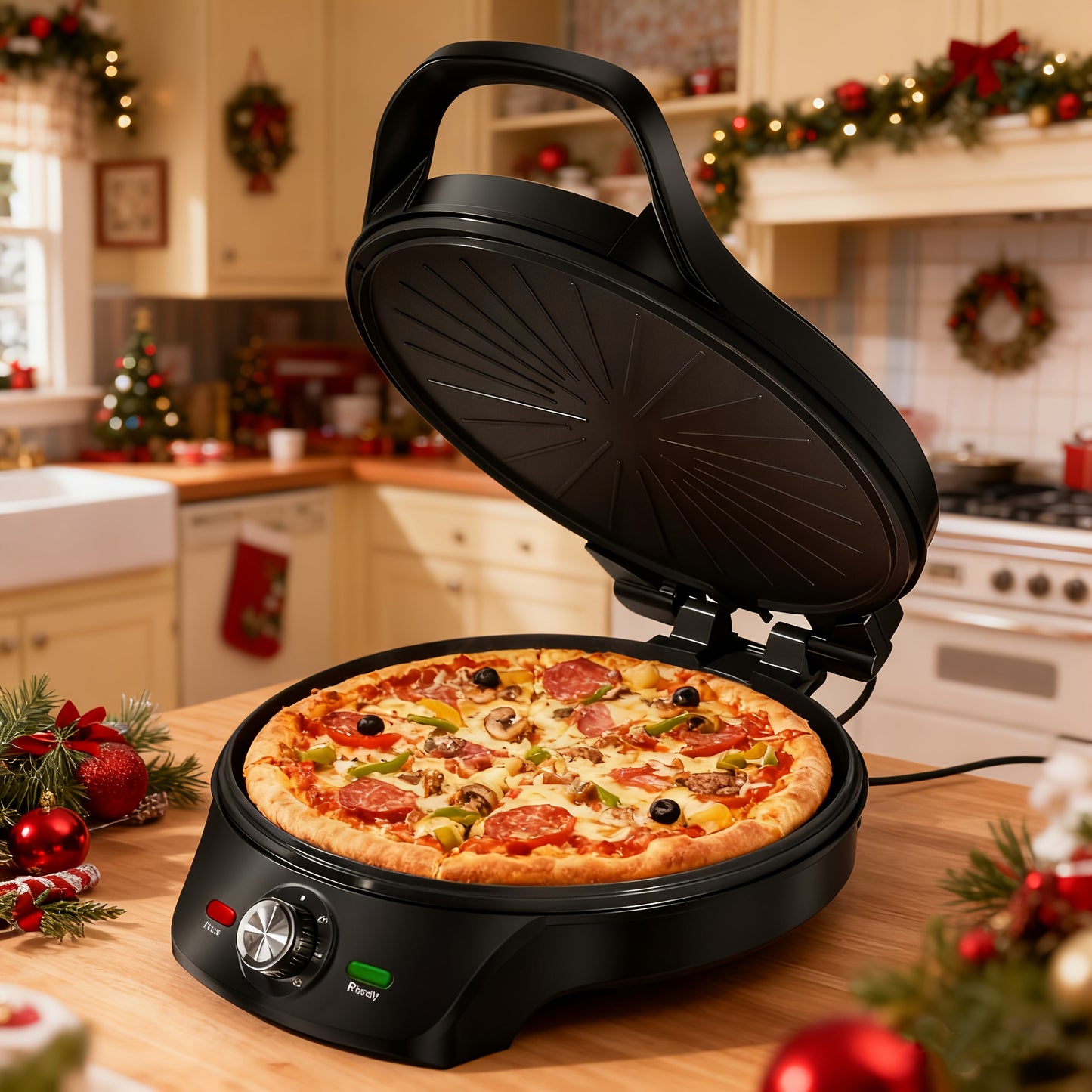 1500W Electric Smokeless Grill, 2-in-1 Indor Grill And Pizza Maker With 30-Min Timer And Auto Shut-Off, Working Together On Both Sides, 180° Open For Quesadilla, Sandwich, BBQ, Steak, Veggies, Gift Ideas, Perfect Gift For Christmas