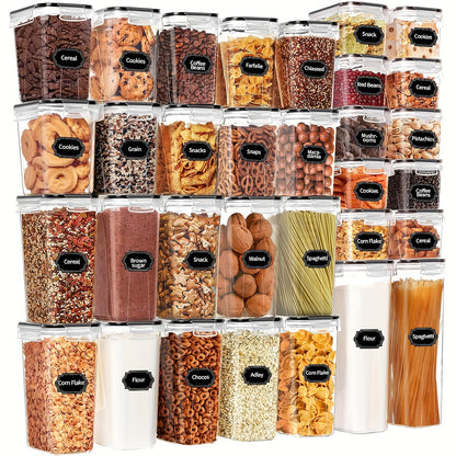 64 PCS Airtight Food Storage Containers (32 Boxs & 32 Lids), Kitchen And Pantry Organizers And Storage, BPA Free, Plastic Food Storage Canisters For Flour, Sugar, And Cereal, Labels & Marker