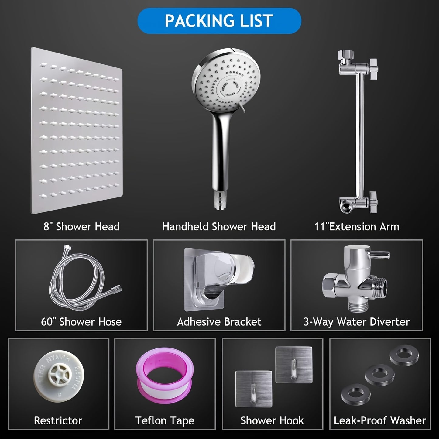 Shower Head, High Pressure Rainfall/Handheld Shower Combo with 11'' Extension Arm, 3 Settings, Anti-Leak Shower Head with Holder, Height/Angle Adjustable, Chrome, Matte Black