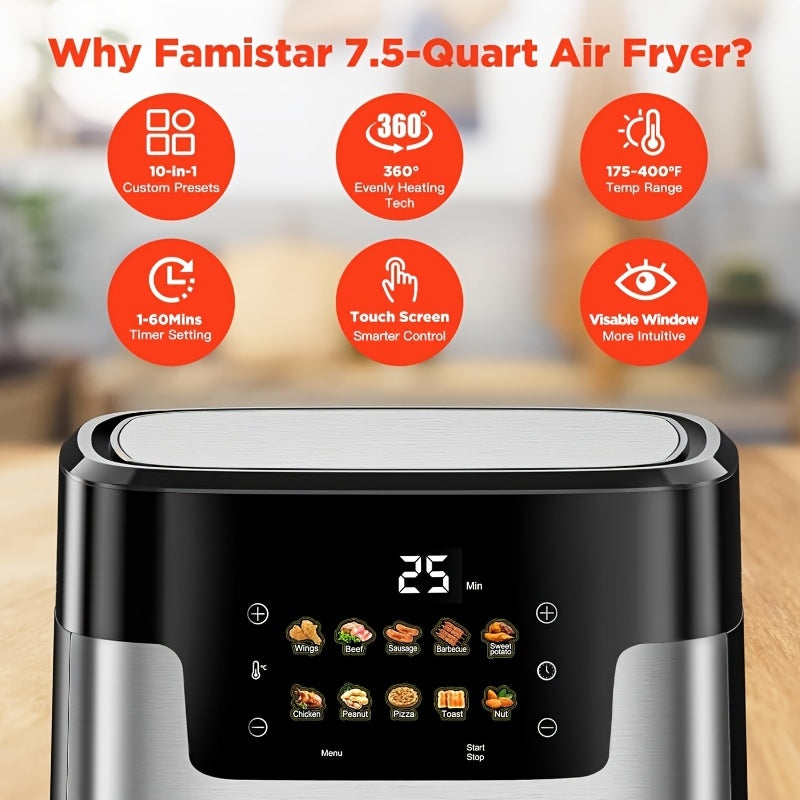 10-in-1 Digital LED Touch Screen Air Fryer | 7.5QT Oilless Cooker with 10 Preset Cookings, Dishwasher-Safe Basket, 100pcs Air Fryer Paper Liners, 201 Stainless Steel