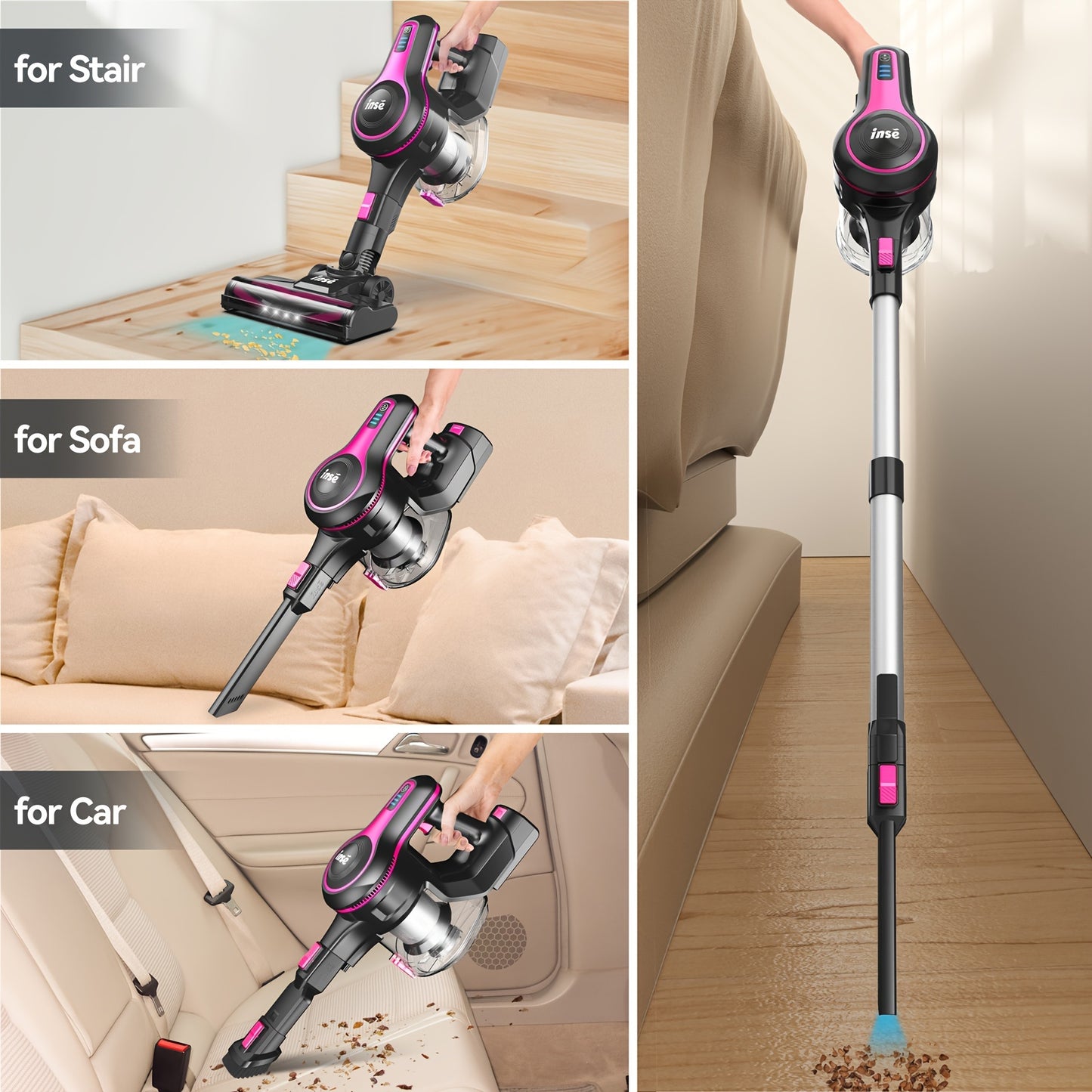 INSE Corded And Cordless Vacuum Cleaner For Home, 35-70KPA 6-in-1Rechargeable Powerful Handheld Vacuum Cleaner/Detachable Battery, Running Time 45 Minutes, 50.5 Oz Dust Cup, LED Brush, Vacuum Cleaners For Home, Hardwood Floor, Carpet And Pet Hair