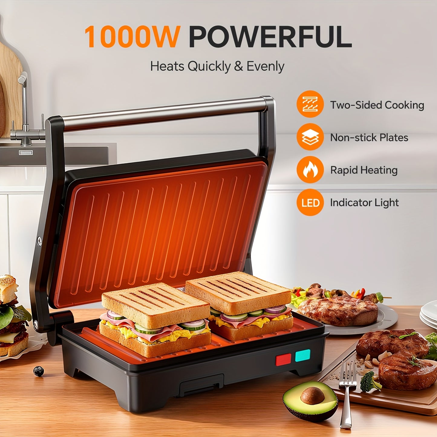 1000W Electric Panini Press Grill 3-in-1 Indoor/Outdoor Grill & Pizza Oven with Non-Stick Plates, Grease Tray, Fast Preheat, Dual Heating Plates & Floating Hinge - Sandwich Maker, BBQ Grill for Camping, Easy Clean ( Plug)