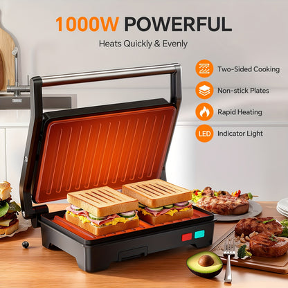 1000W Electric Panini Press Grill 3-in-1 Indoor/Outdoor Grill & Pizza Oven with Non-Stick Plates, Grease Tray, Fast Preheat, Dual Heating Plates & Floating Hinge - Sandwich Maker, BBQ Grill for Camping, Easy Clean ( Plug)