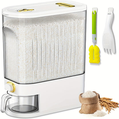 22 lbs/10kg Large Rice Dispenser with Measuring Cup & Time Scale - Plastic Grain Storage Container, Locking Lid & Window for Kitchen Pantry - Dispensing Dry Food for Rice, Wheat, Barley (Heavy-Duty