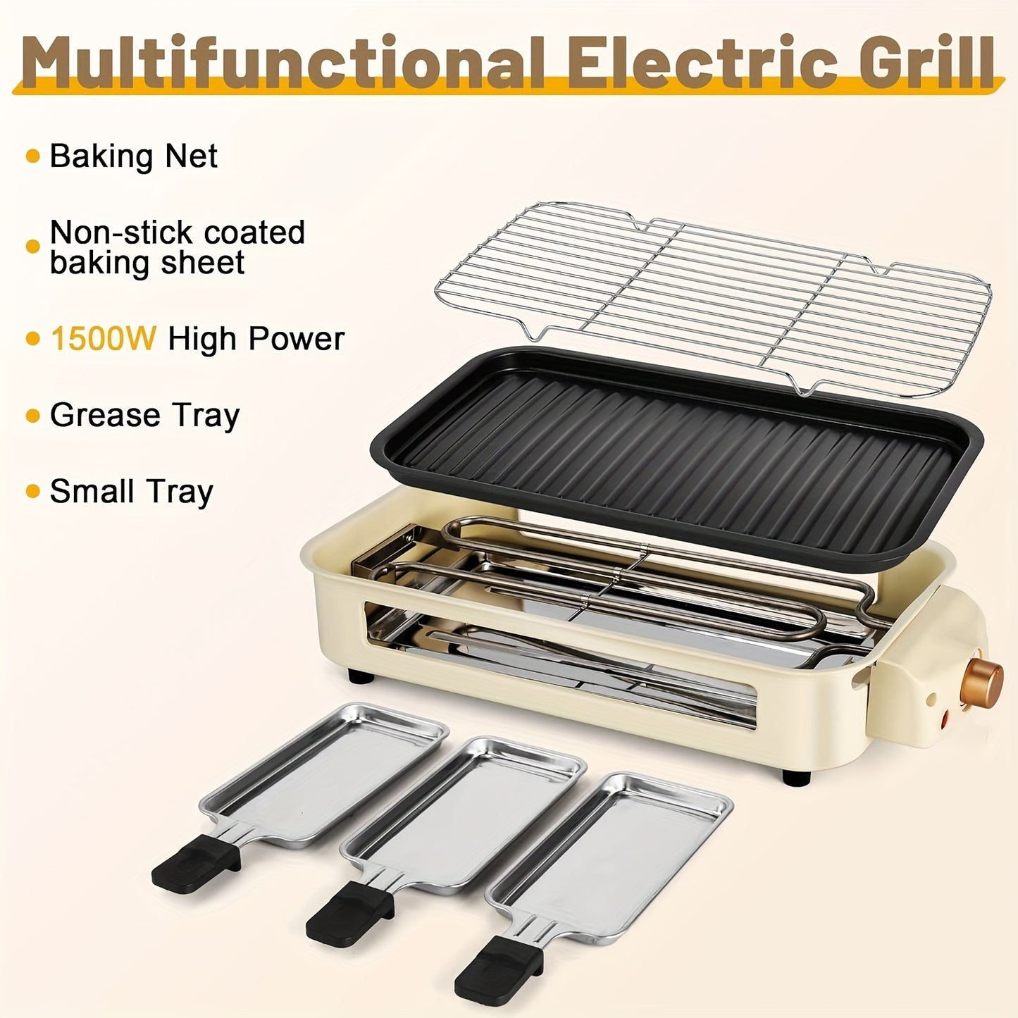 Smokeless Electric Grill, Frying And Grilling Electric Grill with Removable Non-stick Tray And Grill Rack, with 3 Mini Pans, Home Grill, Adjustable Temperature, Indoor Grilling, Kitchen Utensils, Stainless Steel