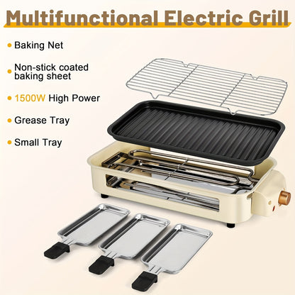 Smokeless Electric Grill, Frying And Grilling Electric Grill with Removable Non-stick Tray And Grill Rack, with 3 Mini Pans, Home Grill, Adjustable Temperature, Indoor Grilling, Kitchen Utensils, Stainless Steel