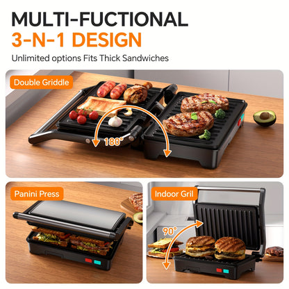 1000W Electric Panini Press Grill 3-in-1 Indoor/Outdoor Grill & Pizza Oven with Non-Stick Plates, Grease Tray, Fast Preheat, Dual Heating Plates & Floating Hinge - Sandwich Maker, BBQ Grill for Camping, Easy Clean ( Plug)