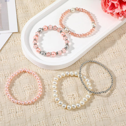 DIVINA VITAE 5 Pcs Beaded Stretch Bracelets Pink Stackable Bracelets Boho Beaded Bracelet Stretch Layering Crystal Stone Bead Bracelet Trendy Costume Jewelry Gifts for Women