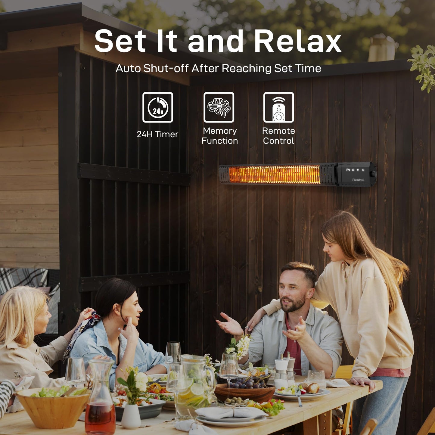 Powerscale Infrared Heater 1500W with Remote, 2.5s Instant Heat & Memory Function, Electric Patio Heater 4 Heat Levels, IP65 Waterproof - Indoor/Outdoor Space Heater for Garage, Backyard, Black