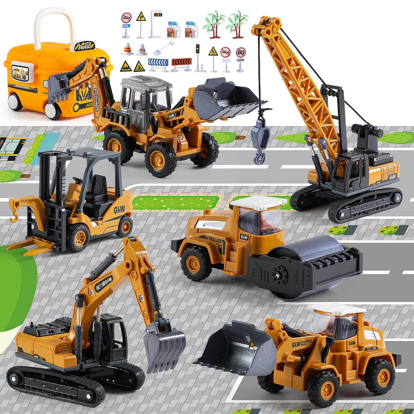 Construction Trucks Toy Set with Yellow Bus Storage and Play Mat – Alloy Inertia Driving Simulation Model Engineering Toys with Scenario Accessories – Ideal Gifts for Ages 3-8, Boys and Girls (5 in 1)