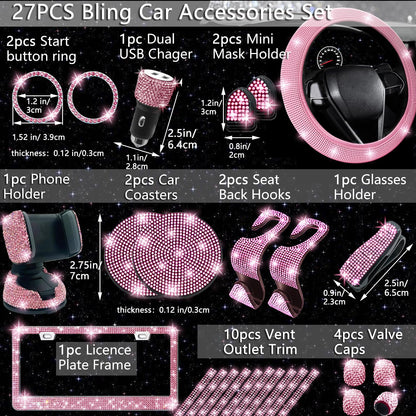 NBTEPEM 27-Piece Bling Car Accessories Set - Universal Fit Steering Wheel Covers, License Plate Frames, Phone Holder, Car Fast Charger, Coasters (Pink)