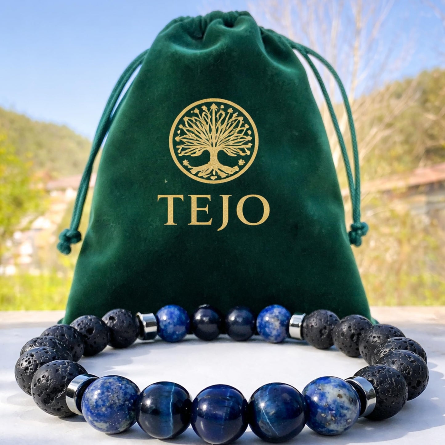 TEJO Natural Stone Beaded Bracelet – Handmade Energy Healing Bracelet for Men & Women, Yoga Chakra Jewelry Gift (Black&Blue, 7.5 inches)