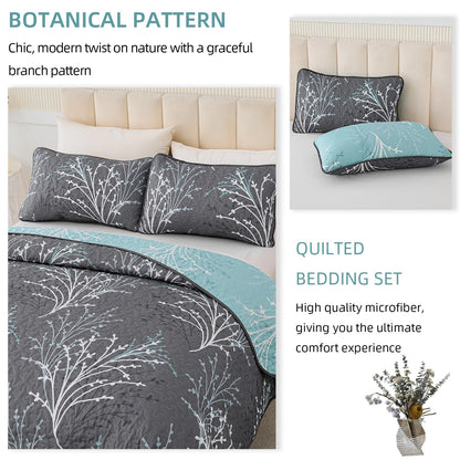 DJY Full Size Quilt Set Grey Blue Reversible Bedspread Coverlet Set 3 Piece, Branch Floral Lightweight Microfiber Botanical Quilted Bedding Set with Pillowcases for All Season (78''x90'')