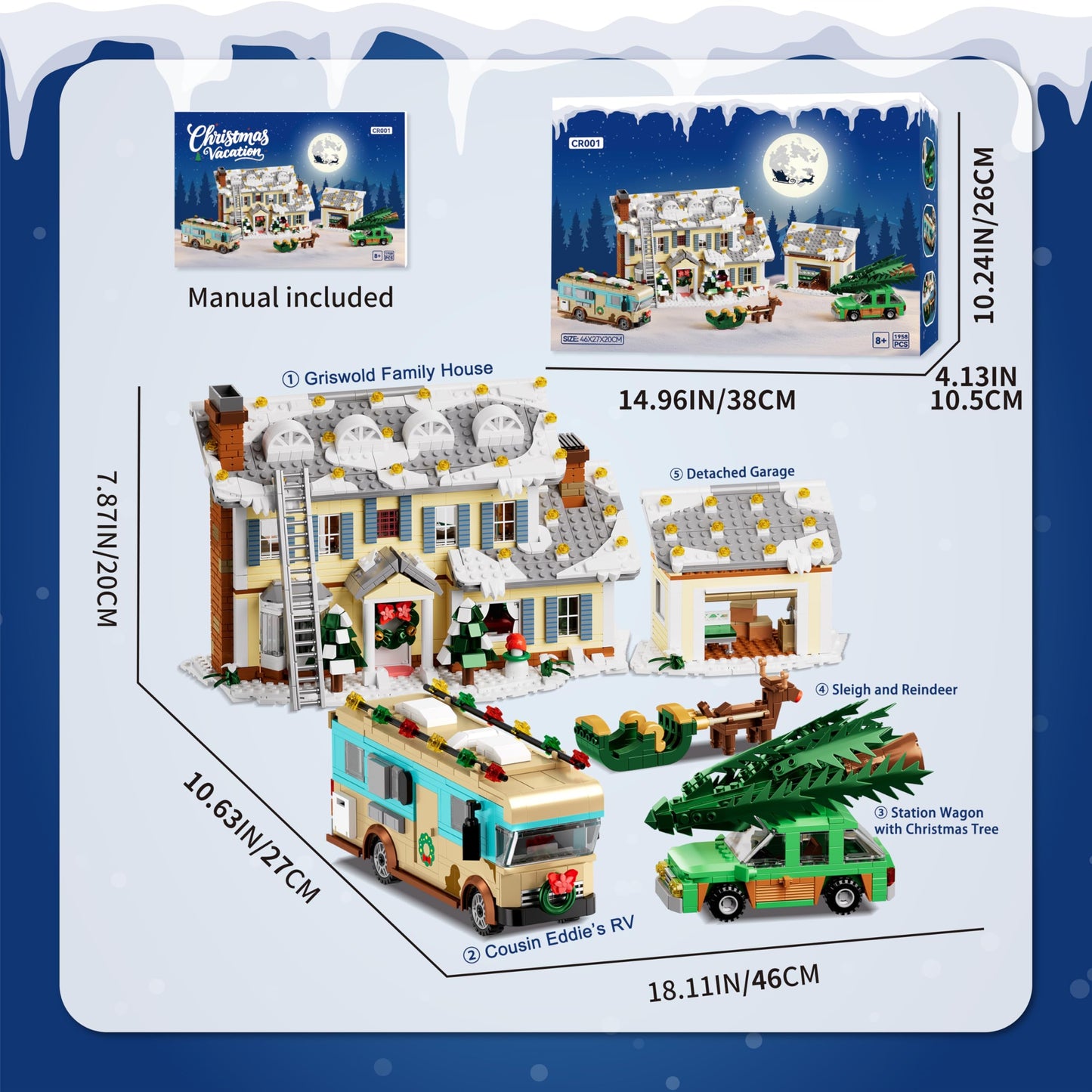 Christmas Holiday House Building Set, 5 in 1 Model Buildings Kits Snow Village & RV Toy Building Blocks Sets with LED, Xmas Decor Toys Gifts for Kids Girls Boys Ages 8+ Adults (1958PCS)